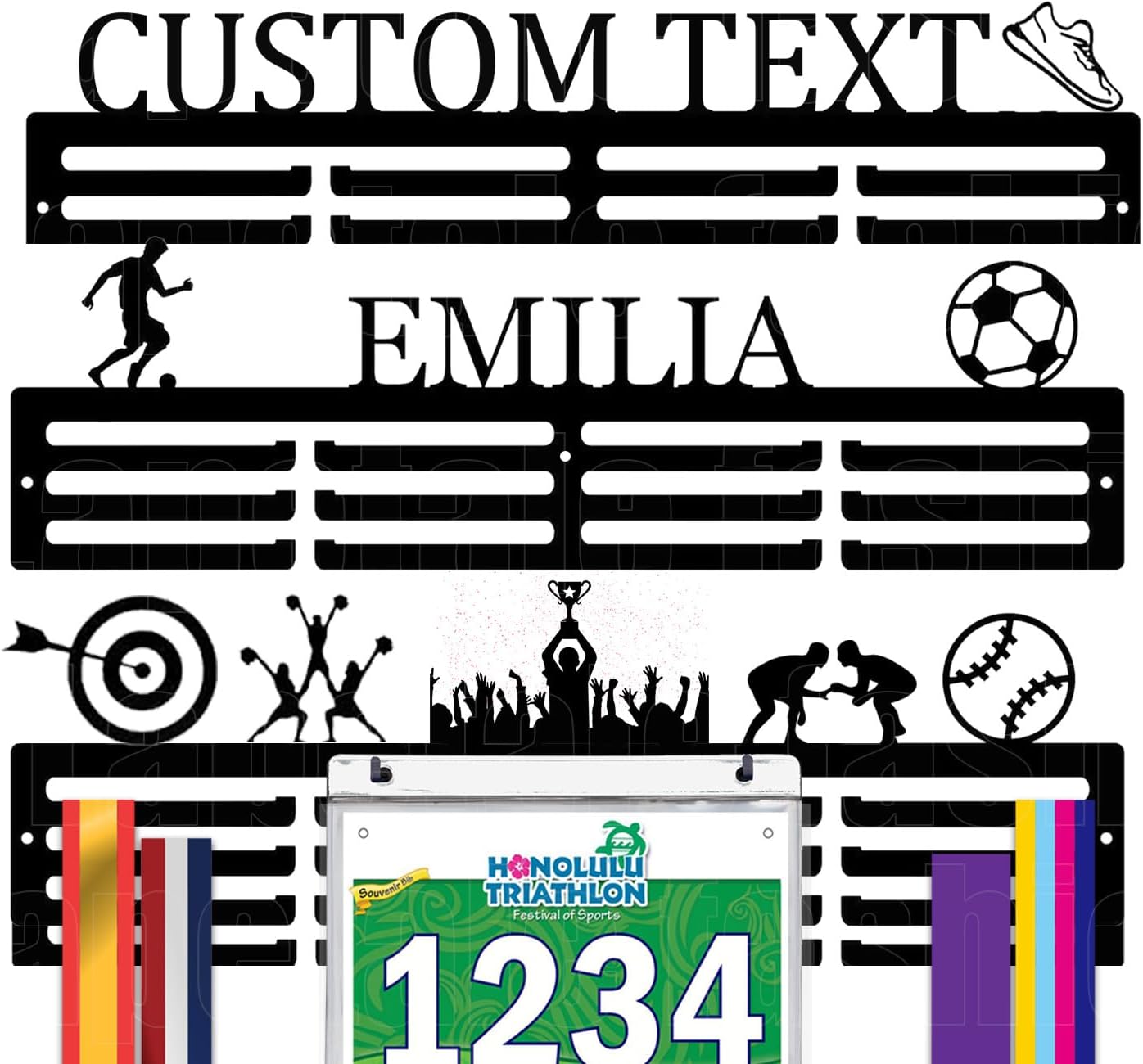 Skiennix Personalized Medal Holder - Custom Name Display Rack for 63 Awards Ribbons | Metal Wall Mount