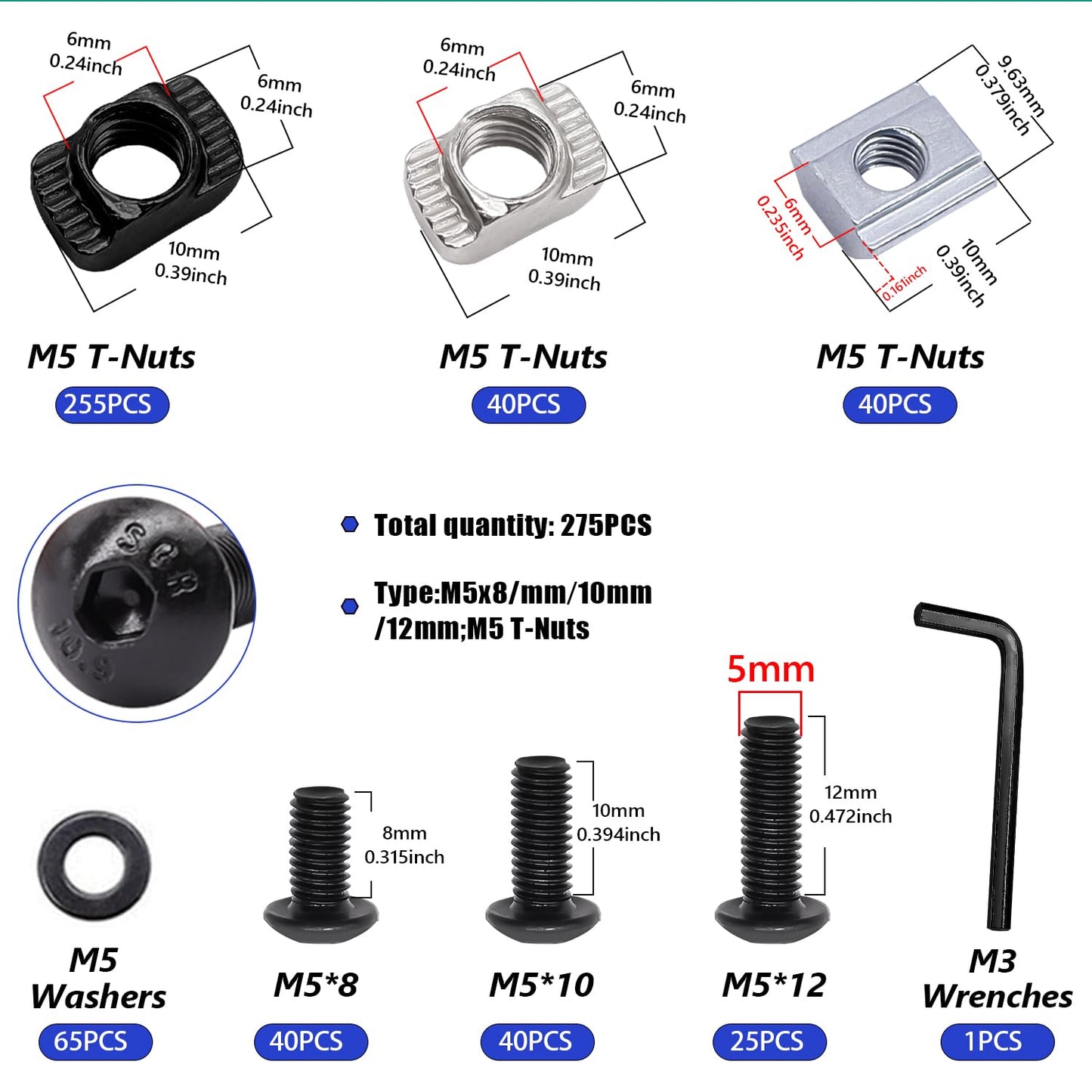 Taiss 275PCS M5 T-Nuts Screws Assortment Kit for 2020 Series Aluminum Extrusion,T Sliding Nut,Button Head Socket Cap Head Bolts and Nut & Washers for Mlok Screws and Nuts Replacement with Wrench