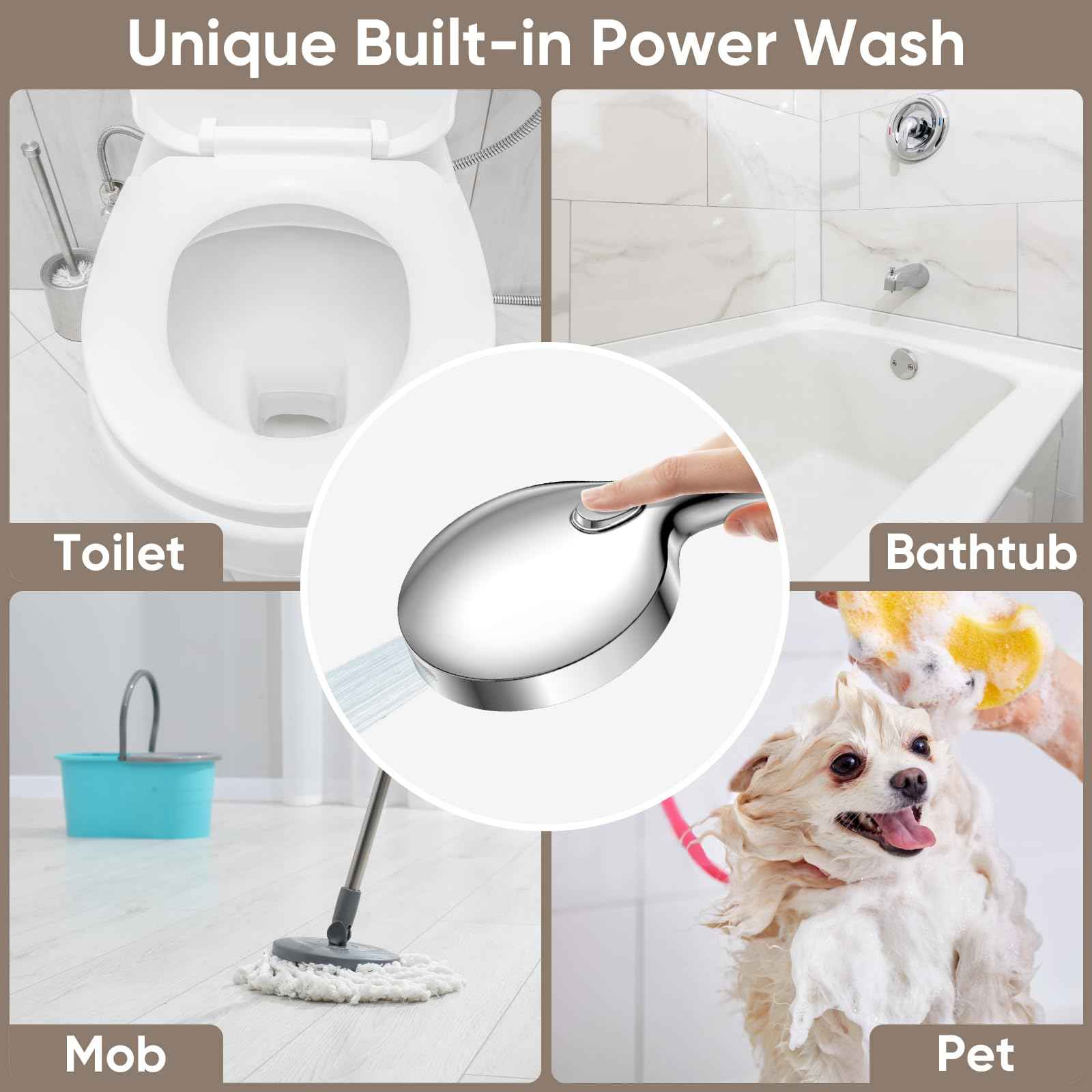 LEIVI High Pressure Shower Head, 4-mode Handheld Showerheads with 70 Inch Stainless Steel Hose, Built-in Power Wash to Clean Tub, Tile & Pets, Anti-clog Nozzles, Adjustable Bracket, Chrome