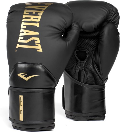 Everlast Elite 2 Boxing Gloves - Pro Training & Heavy Bag | Ventilated Palm, Multi-Layer Protection | Black/Gold, 16 oz