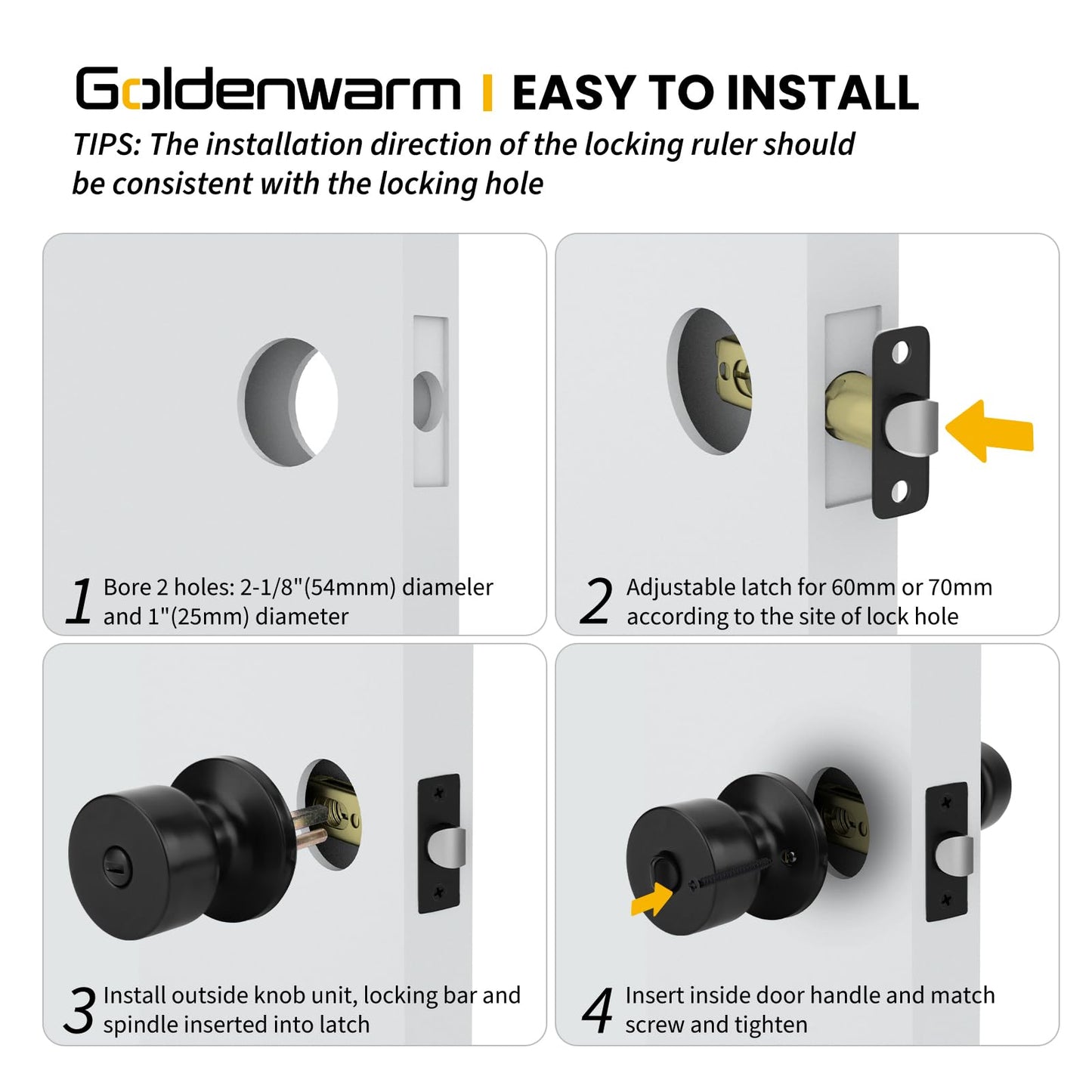 goldenwarm Black Door Knobs Interior, Privacy Door Knob Black Door Knobs Interior Bulk Matte Black Privacy Door Knobs for Bedroom or Bathroom (8 Pack)