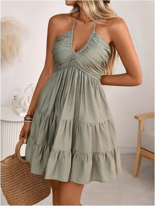 **SOLY HUX Women's Summer Mini Dress - Halter Backless A-Line with Ruffle Hem - Flowy Cami Sundress**