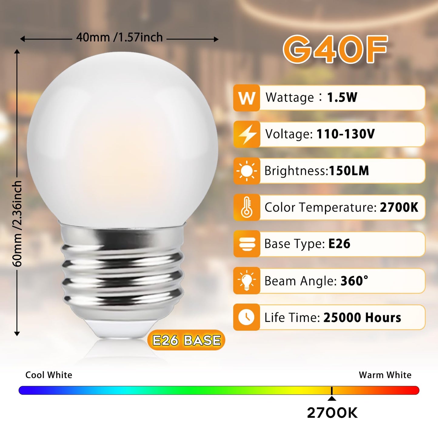 Zorykn G40 1.5W Low Wattage Led Bulb Equivalent 15 Watt, E26 Base G14 Small Low Power Light Bulb, Frosted, Warm White 2700K, 150LM, Non-Dimmable (4-Pack)