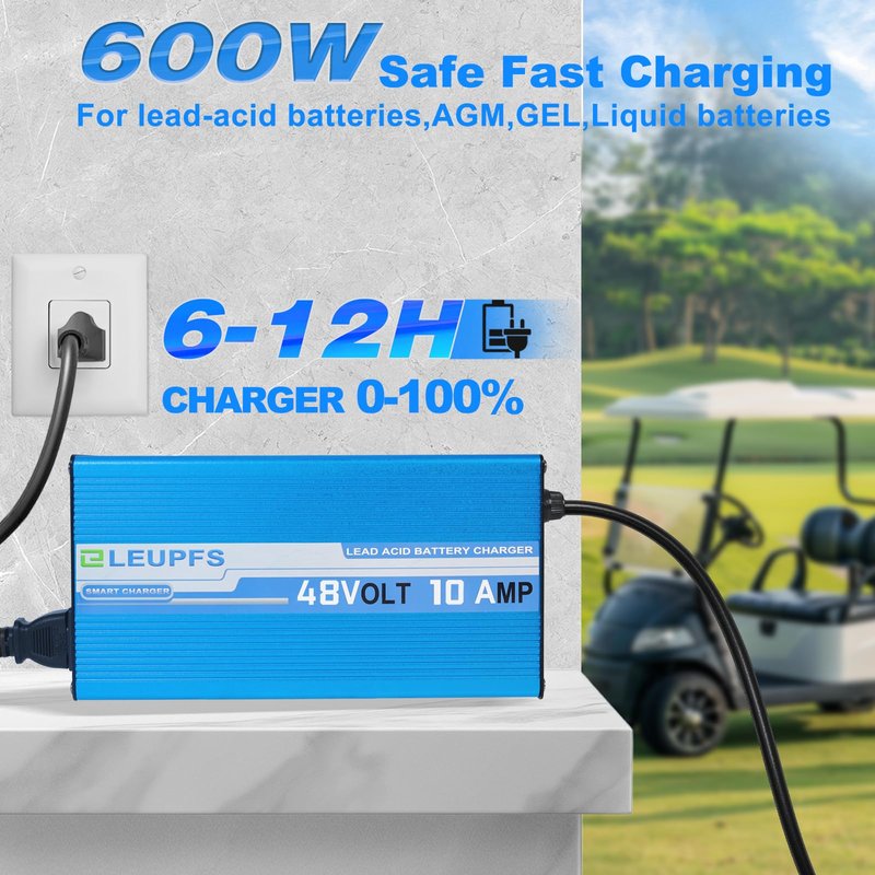 10 Amp 48 Volt Golf Cart Battery Charger, Compatible with Club Car DS & Precedent Golf Carts, 3-Year Warrnaty, 3-Pin Round Plug, 6-12H Full Charge with Upgrade Trickle Charge, Protected Battery