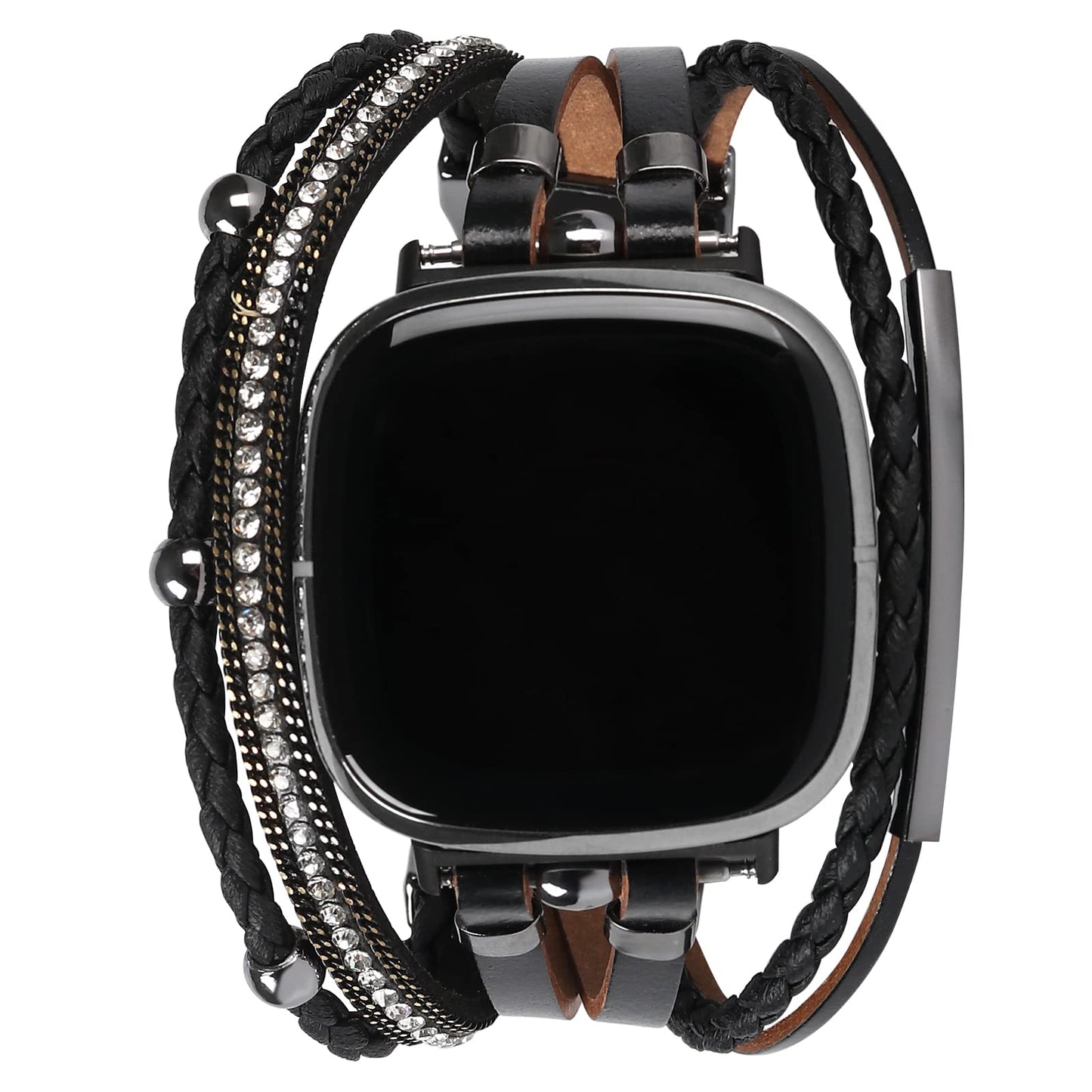 Posh Leather Bands Compatible with Fitbit Versa 3/Fitbit Sense, Women Boho Stylish Multilayer Wrap Bracelets Wristband, Handmade Adjustable Jewelry Strap for Sense/Versa 3 Smart Watch (Black)