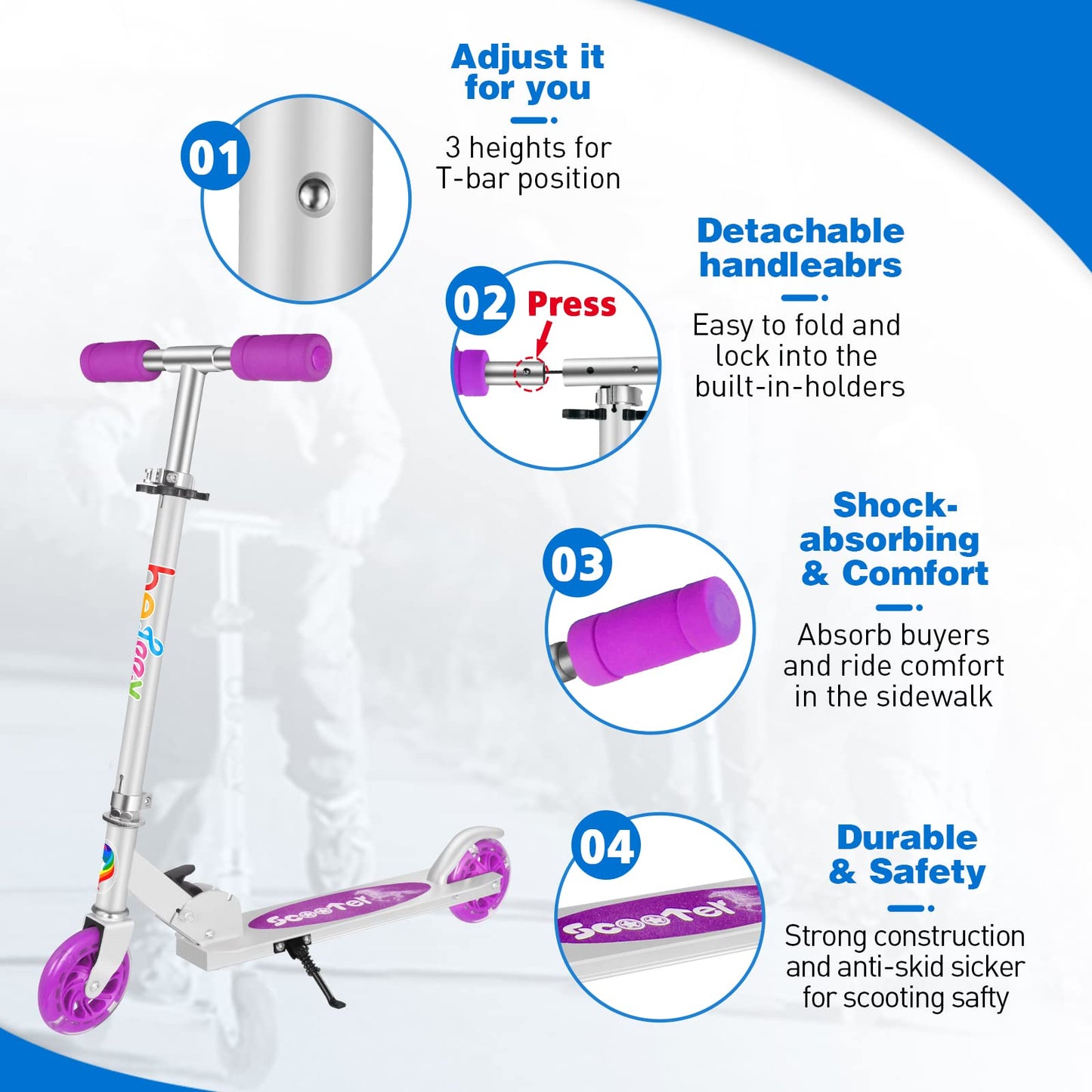BELEEV V1 Kids Scooters for Girls Boys Ages 3-12, 2 Wheel Folding Kick Scooter with Light Up Wheels, 3 Adjustable Height, Lightweight Push Scooter with Kickstand for Children Gift (Purple)
