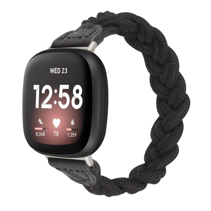 Wearlizer Elastic Band Compatible with Fitbit Versa 4 Bands for Woman/Versa 3/Sense 2/Sense Bands Women, Slim Solo Loop Braided Strap Stretchy Woven Wristband Accessory, Black M