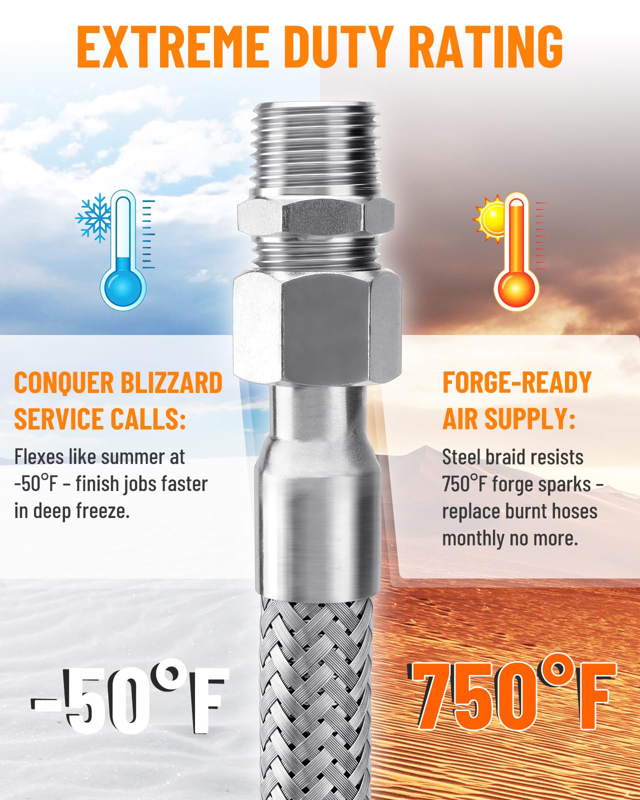 Turnirace 1/2" x 60" Air Compressor Jumper Hose Kit, Steel Braided NPT Air Hose with 1/2" Swivel Ends, Air Compressor Pump to Tank Line, 450 PSI 750°F Air Compressor Flex Hose