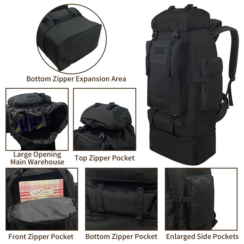 Vaupan Hiking Backpack, 100L Large Camping Backpack, Expandable Waterproof MOLLE Rucksack, Outdoor Sport Travel Daypack Military Tactical Back pack for Men Women (Black)