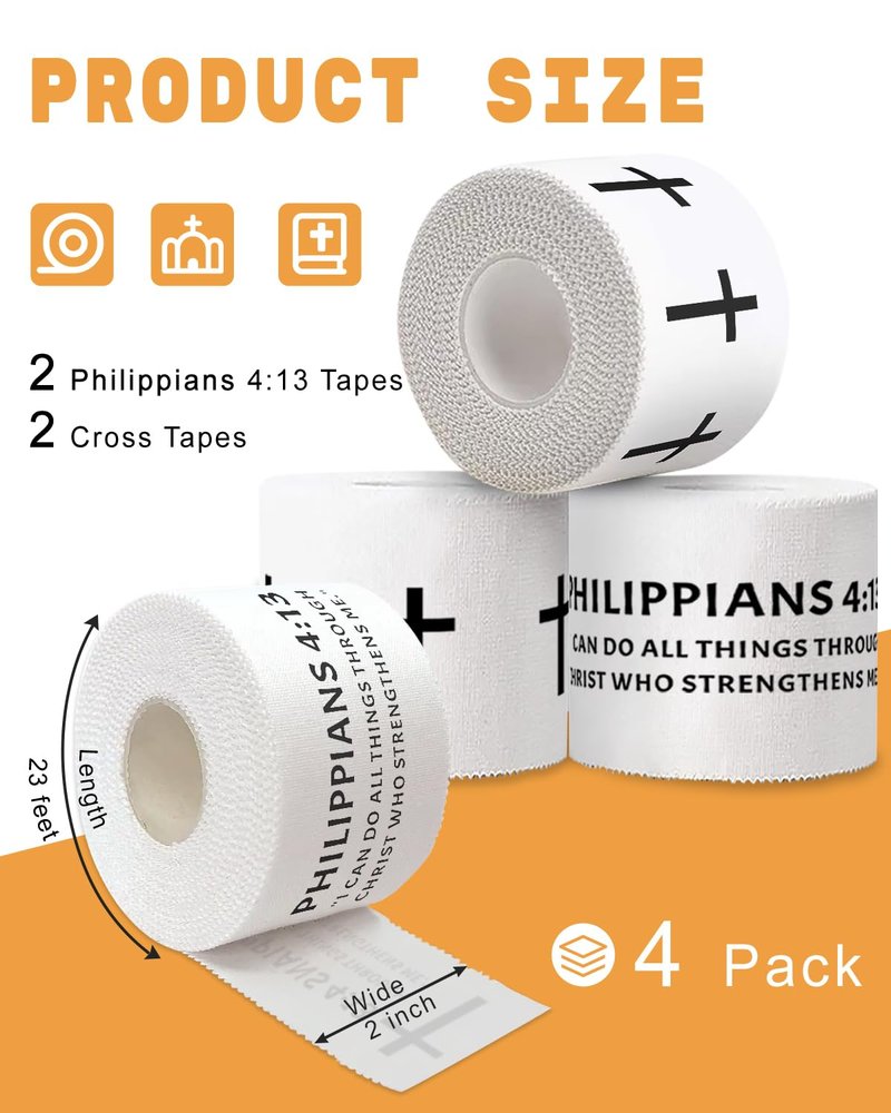 Yigney 4 Pack Christian Athletic Tapes Religious Sport Tape Bible Verse Wrist Tape Cross White Tape for Sports Gymnastics Tennis 2IN X 23FT