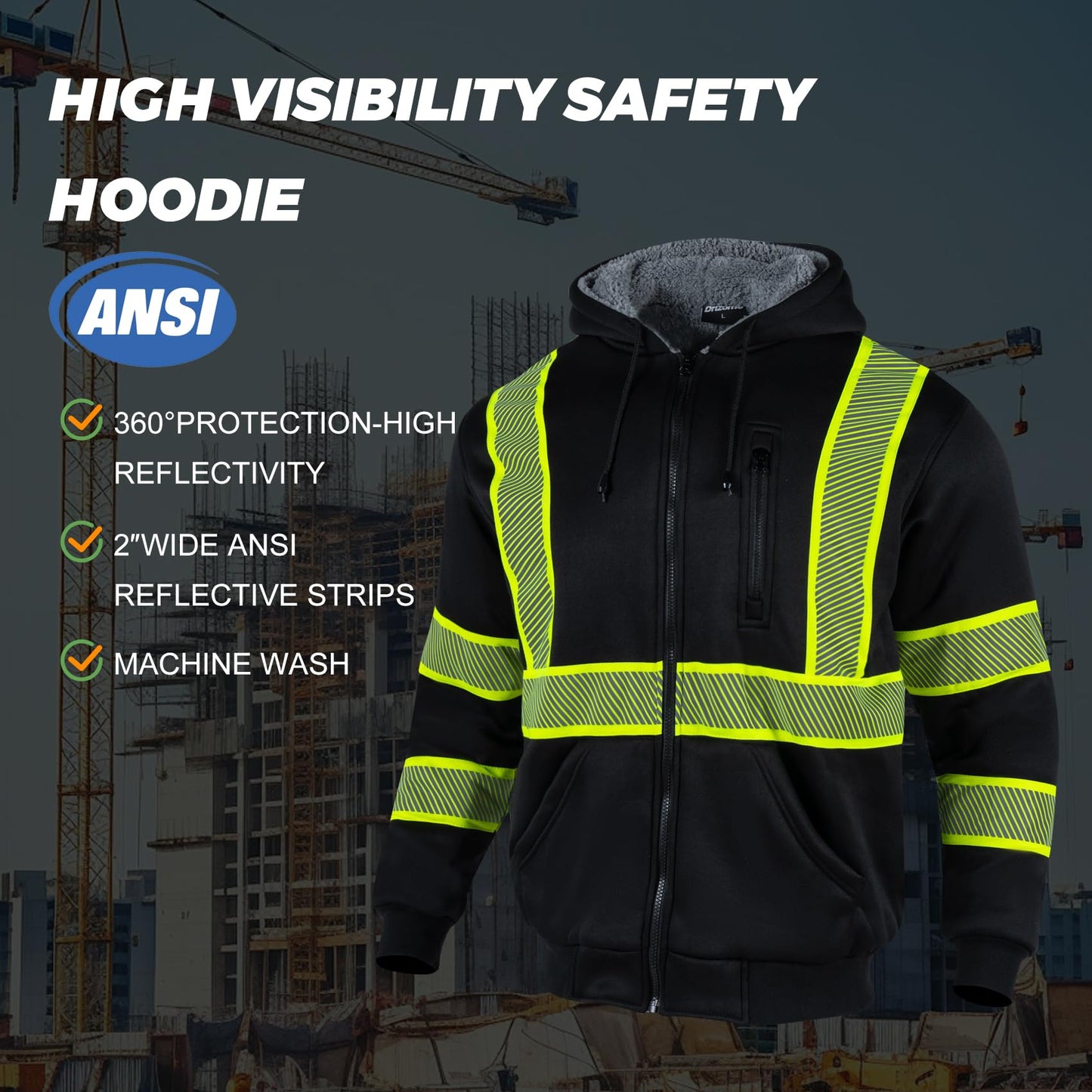 Drizomo High Visibility Sherpa Fleece Hoodie for Men Safety Reflective Sweatshirt ANSI Class 1 Hi Vis Jacket with Zipper(Black,XL)