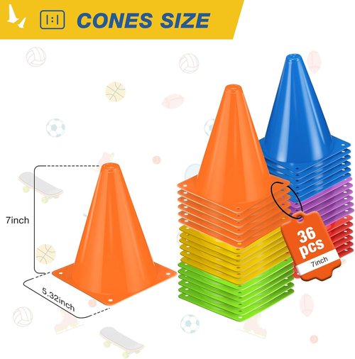 Durable 7-Inch Soccer Cones | 36pcs Plastic Traffic Cones for Sports Training & Agility Drills