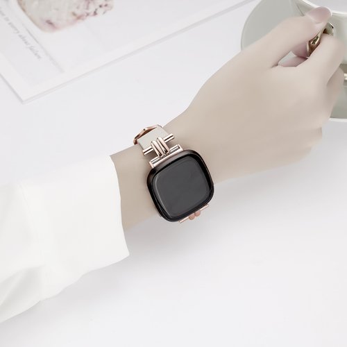 Leather Band Compatible with Fitbit Versa 4/Sense 2 Bands for Women, Dressy Slim Leather Strap Wristband Compatible with Fitbit Sense/Versa 3 luxurious Metal Buckle (Beige/Rose Gold)