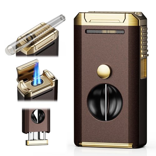 All-in-one Torch Lighter with Holder, Pop Out Cutter, and Dual Jet Flame, Gifts for Men, Multi-Functional Lighter Accessories, Adjustable & Windproof Flame, Refillable Butane Lighter for Travel