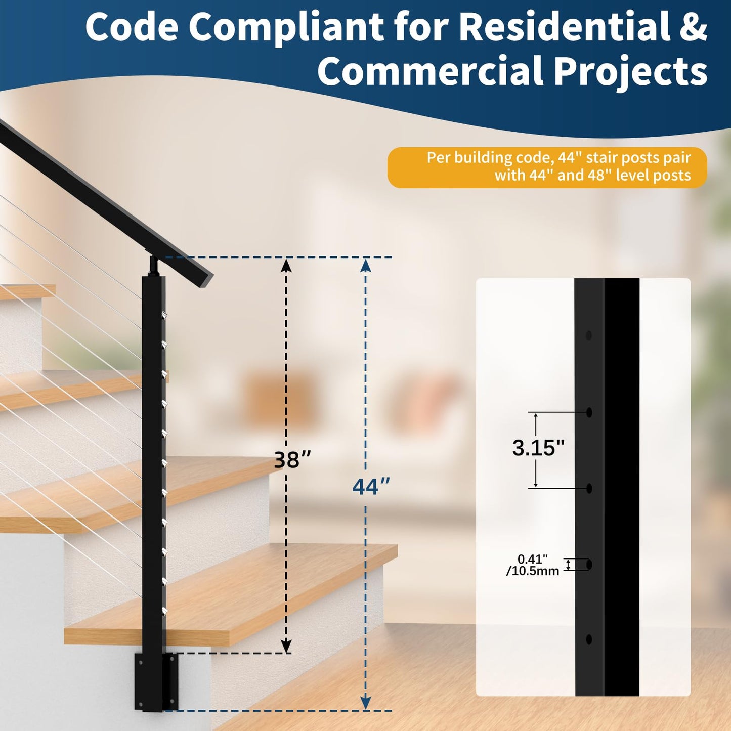 Gyykzz 42" Side Mount Stair Cable Railing Post for 36"-38" Stair Railing, Left Side Space-Saving 33° Drill Stair Handrail Deck Post for Cable Railing System Kit Indoor Outdoor Wood Concrete