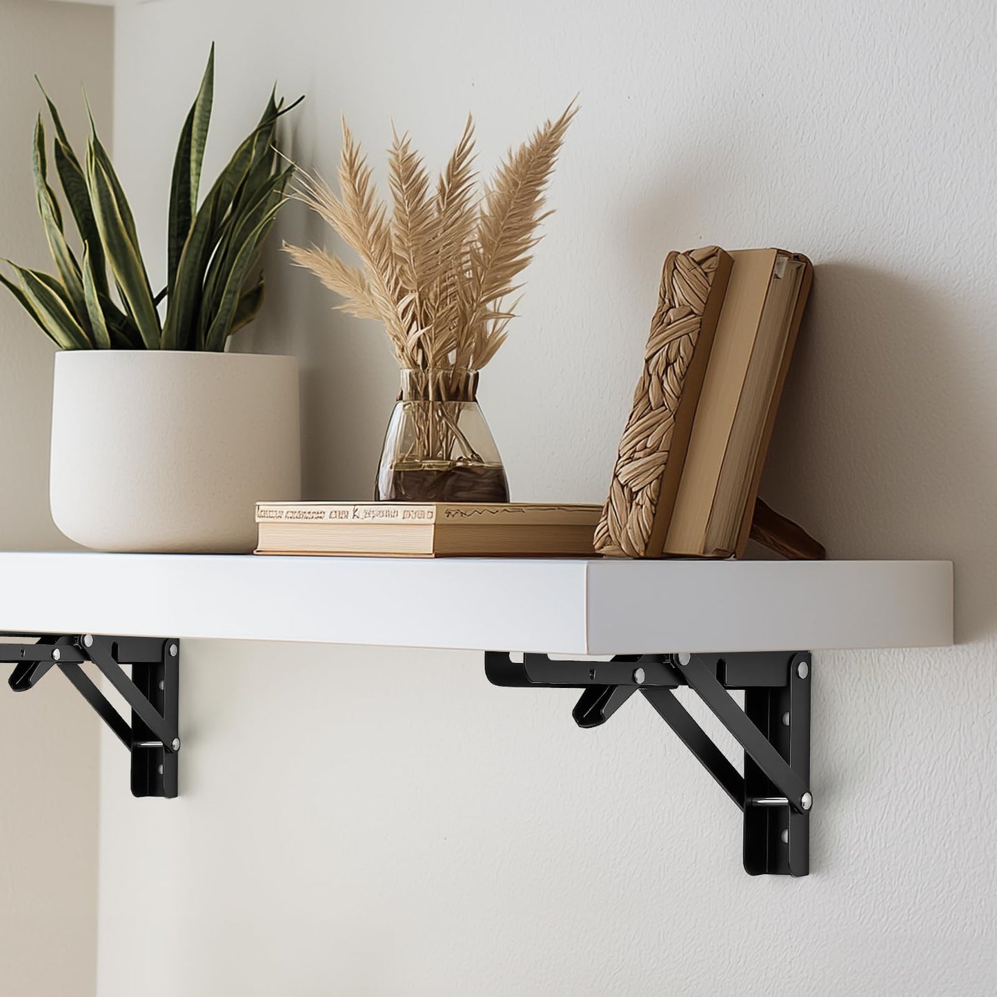 Home Expert 6 Inch Folding Shelf Brackets, 2 Pack (1 Pairs) Heavy Duty Metal Collapsible Wall-Mounted Brackets, Space-Saving DIY Foldable Shelf for Benches and Tables, Matte Black