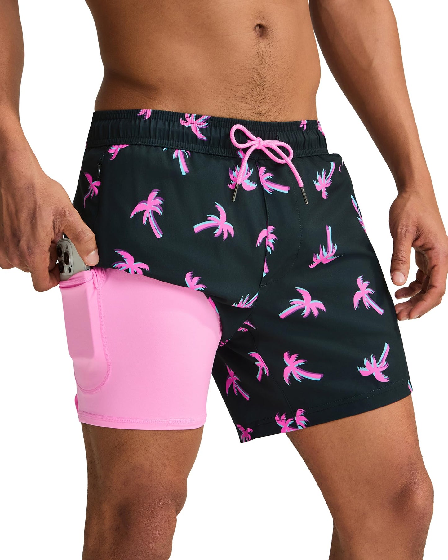 maamgic Mens Swim Trunks with Compression Liner 5 Inch, Quick Dry Bathing Suit with Zipper Pockets, Stretch No-Chafing Swim Shorts, Pink-Black Coconut Tree XX-Large