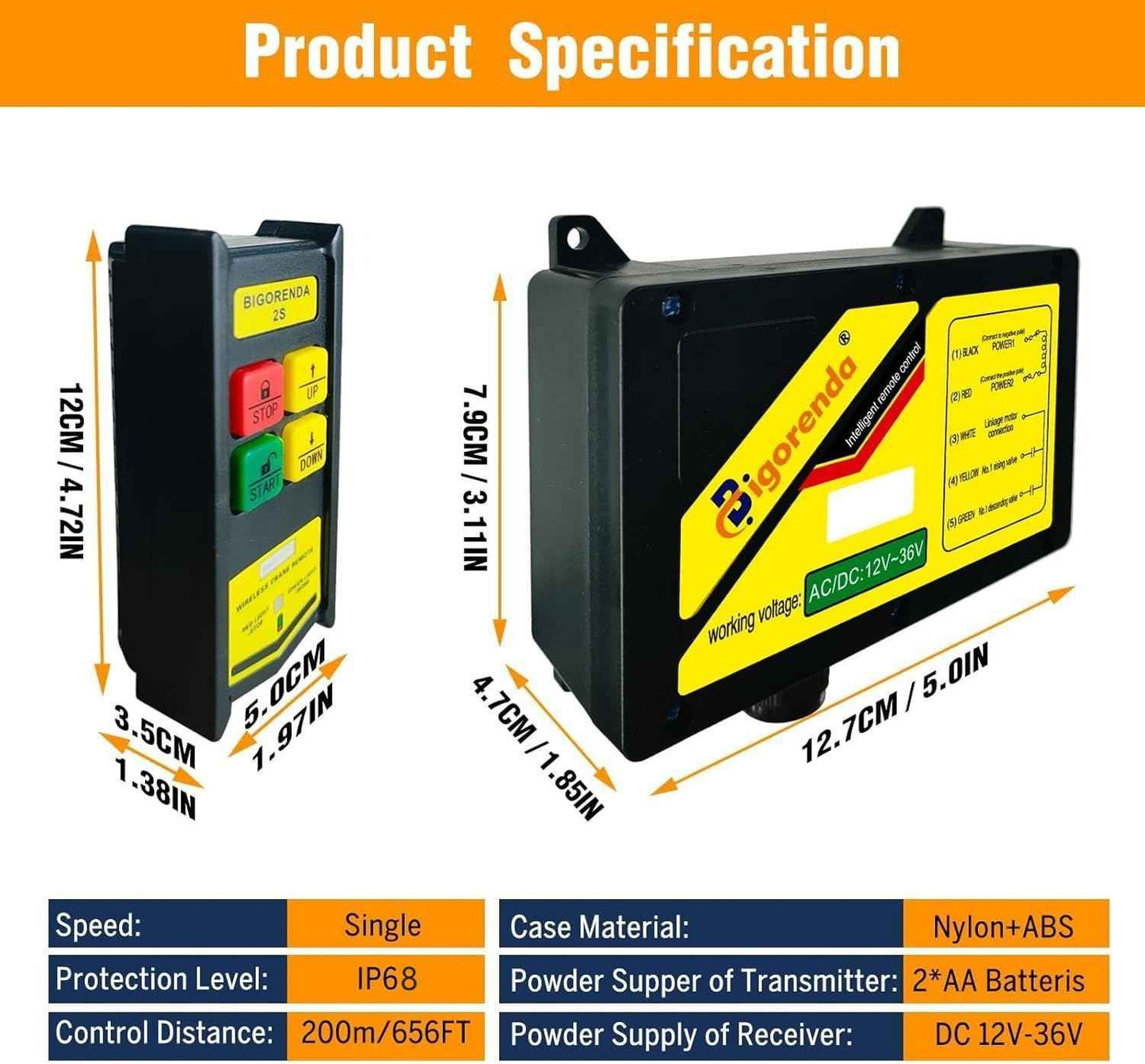 Bigorenda Wireless Crane Remote Control 12-36V,656FT Wireless Control,Dump Trailer Wireless Remote Control kit Industrial Crane Controller Hoist Truck Crane UpDown Switch Control with Emergency Stop