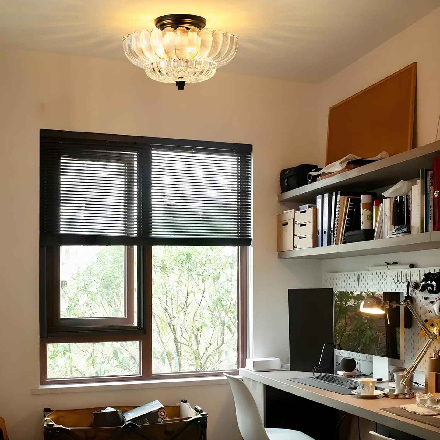 Modern Semi Flush Mount Ceiling Light Fixture with Brown Glass & Black Base - Ideal for Living Room, Kitchen, Bedroom, Hallway (Bulb Not Included)