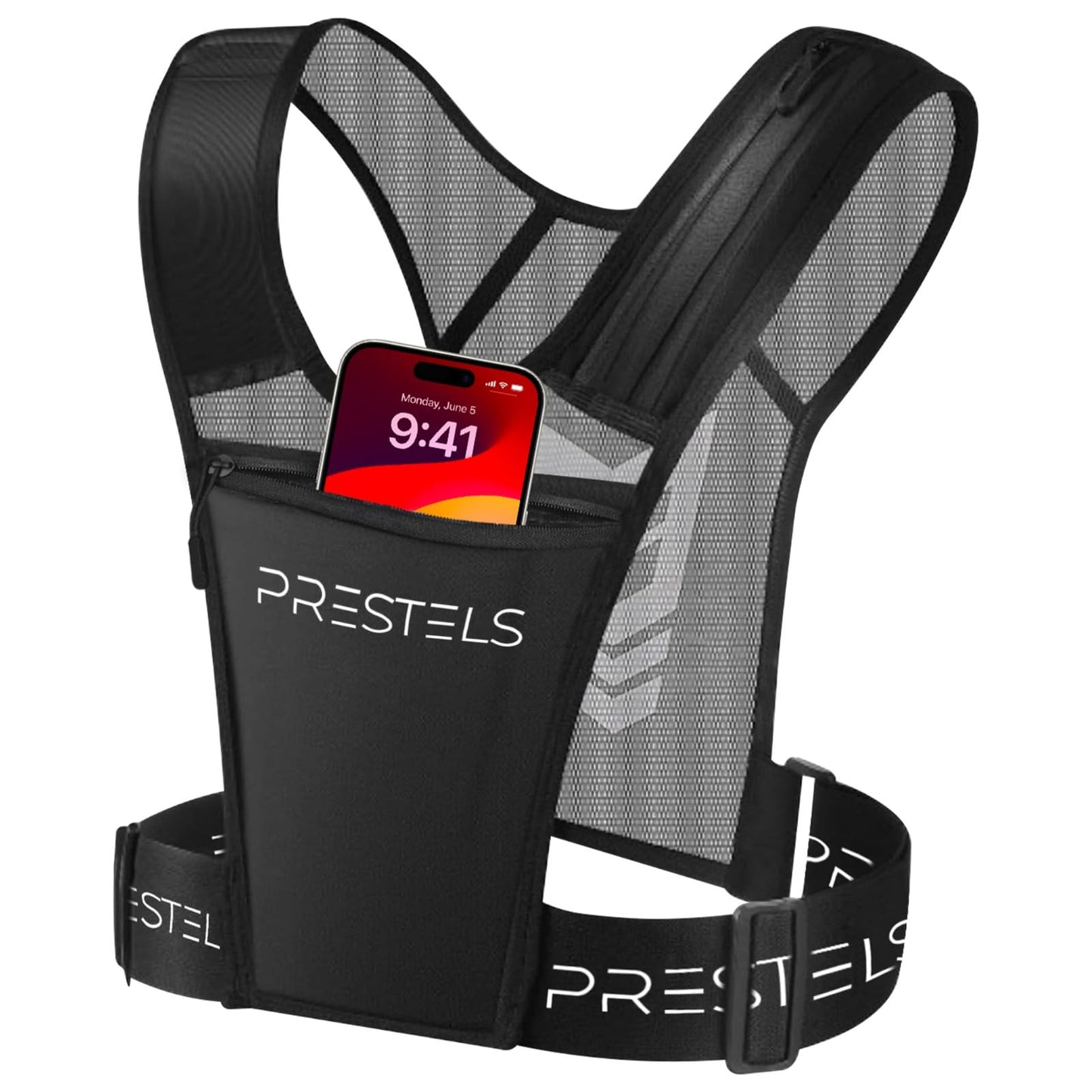 PRESTELS Running Vest Phone Holder for Men & Women, Reflective Running Chest Pack, Adjustable Breathable Vest with Multiple Pockets for Phone, Water Bottle, Keys & Essentials