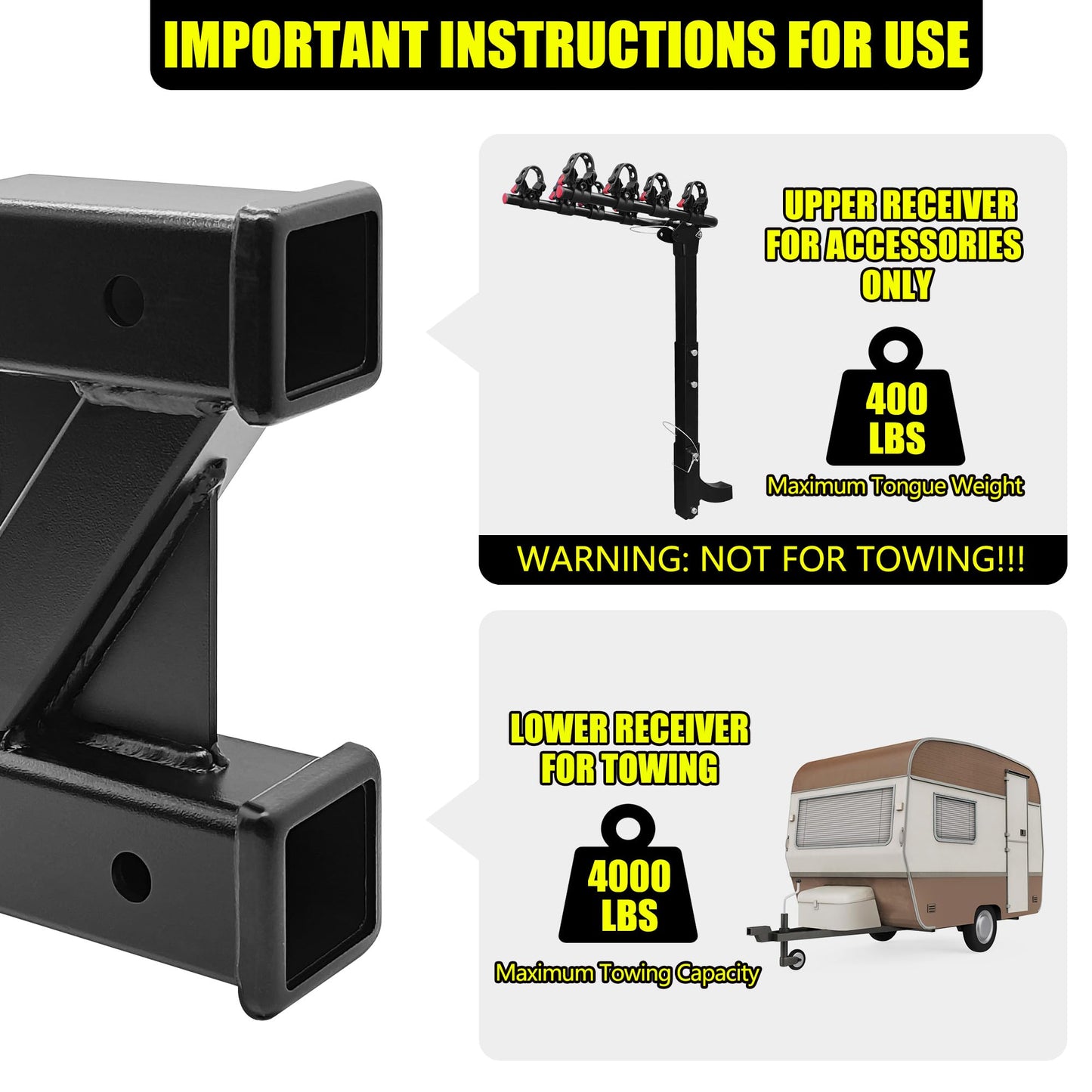 KAIRAY Double Hitch Receiver, 2 inch Trailer Dual Hitch Extension Riser, Hitch Adapter Fits for 2 inch Receiver Extender to 10 inch Max Length, 8 Inch Riser/Drop