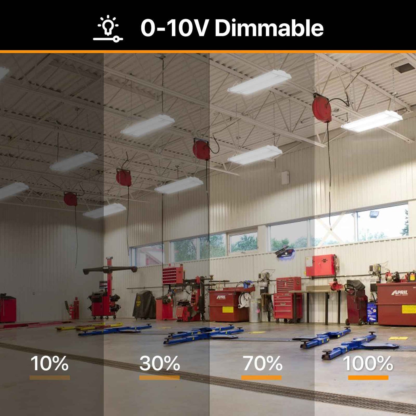 DEMILARE High Bay Led Shop Light 150W 20250LM(135LM/W) 4000K/5000K Switchable Lens Rotatable Linear High Bay Lights 0-10V Dimmable 100-277V Hanging Commercial Lighting for Warehouse