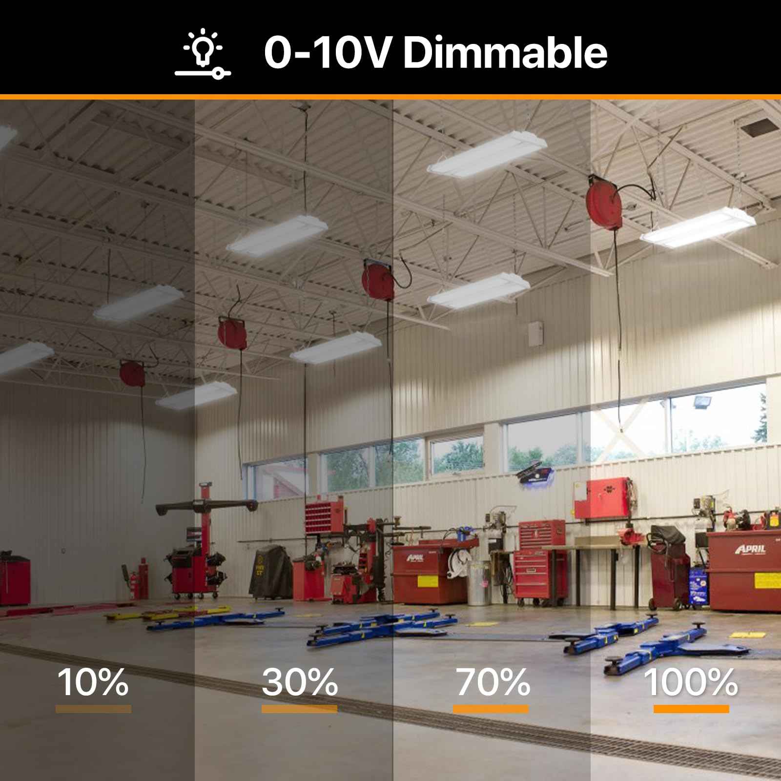 DEMILARE High Bay Led Shop Light 150W 20250LM(135LM/W) 4000K/5000K Switchable Lens Rotatable Linear High Bay Lights 0-10V Dimmable 100-277V Hanging Commercial Lighting for Warehouse