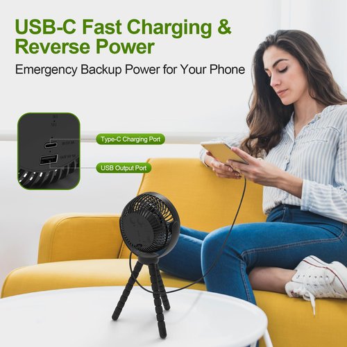 Lovegoo Rechargeable Golf Cart Fan, 10000mAh Battery for 55H Max Runtime, Portable Fan with Flexible Tripod, USB Type-C Charging, 3-Speed & Timer, Compatible with EZGO Club Car Yamaha