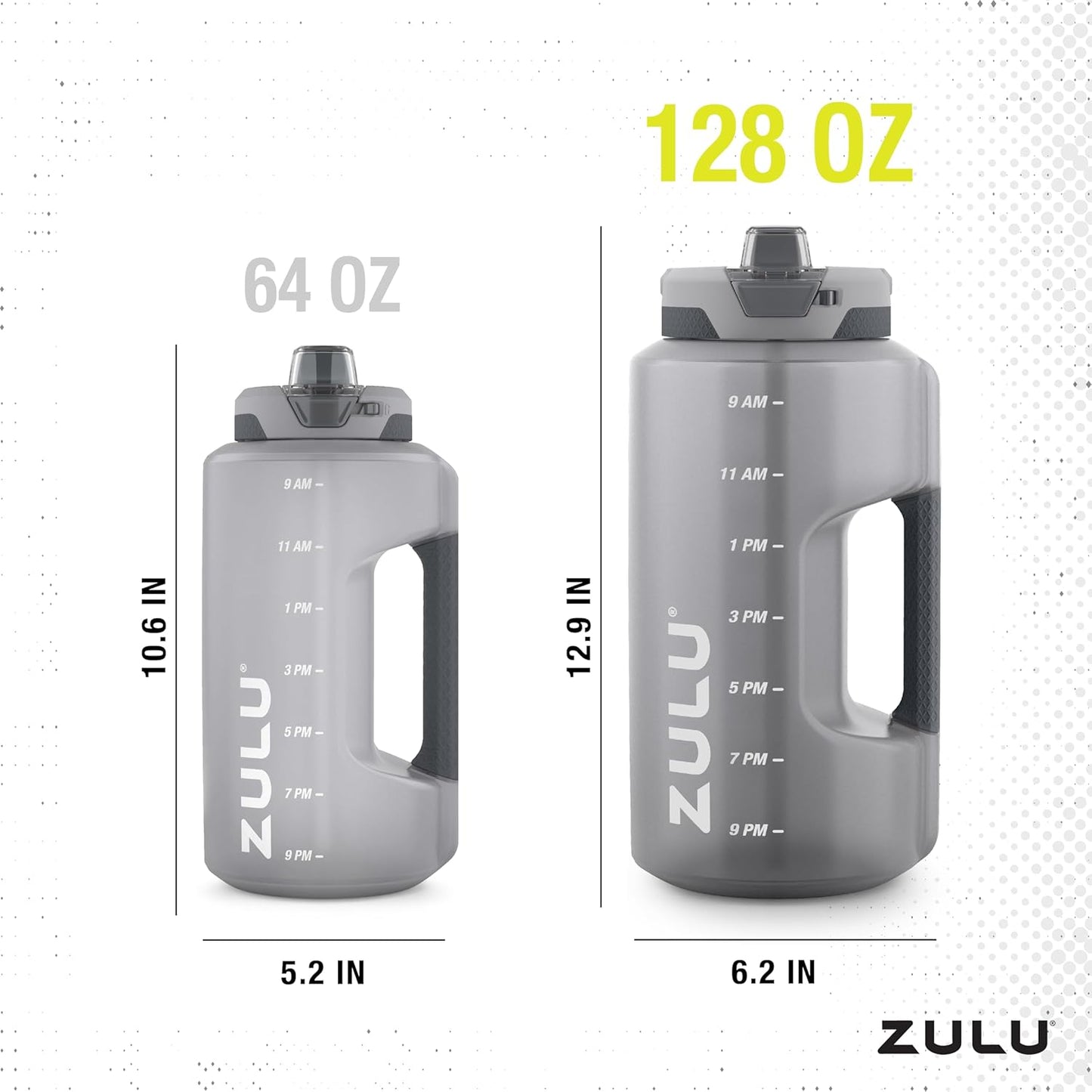 ZULU Goals 128oz Half Gallon Water Bottle - Leak Proof with Straw & Time Marker | Grey Reusable Jug for Hydration