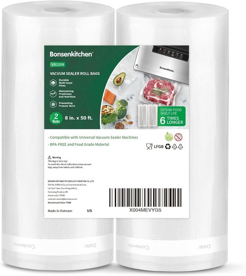 Bonsenkitchen Vacuum Sealer Bags - Heavy Duty BPA-Free Food Storage Rolls | 8" x 50' | Ideal for Sous Vide Cooking