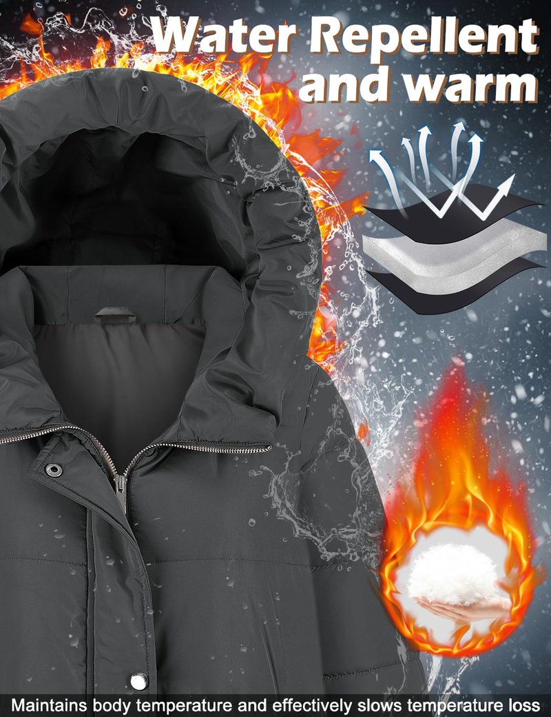 VXVGER Winter Coats for Women-Puffer Jacket Hooded Warm Winter Long Coat Thickened Down Alternative Jacket Outwear, Dark Gray, XL