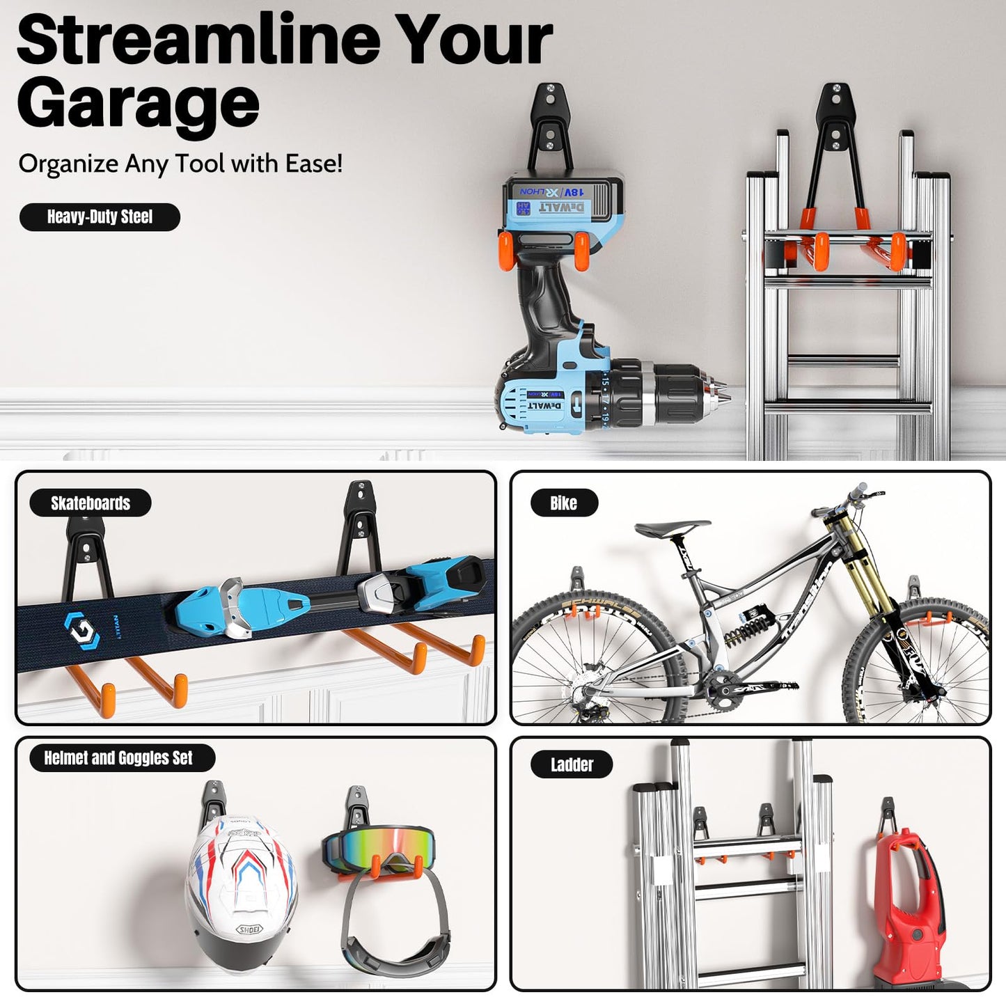 Wallavant Garage Hooks Heavy Duty 6 Pack Utility Wall Mount Storage Hangers with Extension Cord Holder Organizer for Power Tool Garden Tool Ladder Hose and More