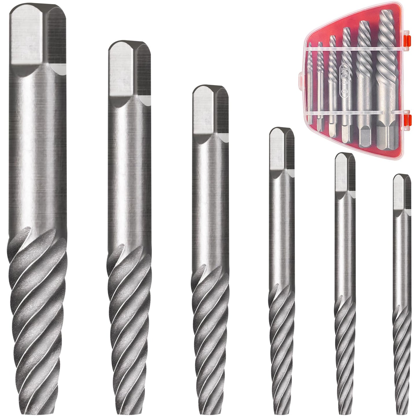 DOAHO 6 Pcs Spiral Screw Extractor Set, Cr-Mo Bolt Extractor Kit, Easy Out Broken Bolt Extractor Kit, Spiral Flute Bolt Remover Set for Remove Broken Bolts, Damaged Screws