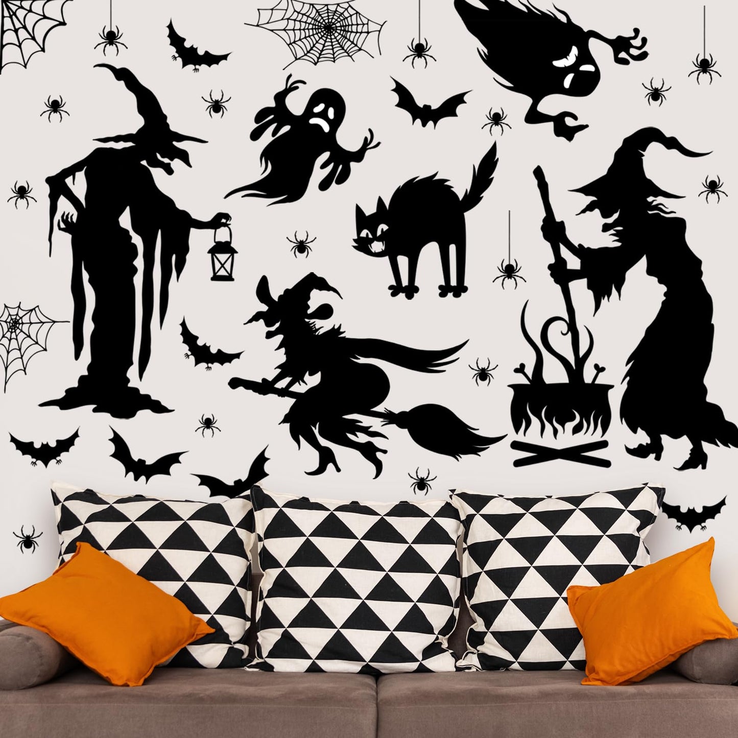 Cholemy Halloween Wall Decals - 4 Sheets, 35.4 x 11.8 Inch Large Witch Spider Bat Pumpkin Stickers, Removable Clings for Home Party Decor Supplies