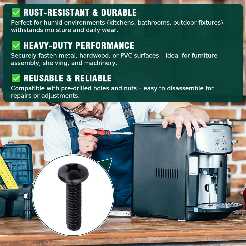 #10-32 x 1 Pan Head Machine Screws Black, Phillips Drive, 304 Stainless Steel 18-8, Black Oxide Coated Finish, Corrosion Resistant Round Head Machine Screws, Full Thread, Coarse Thread, 50 PCS