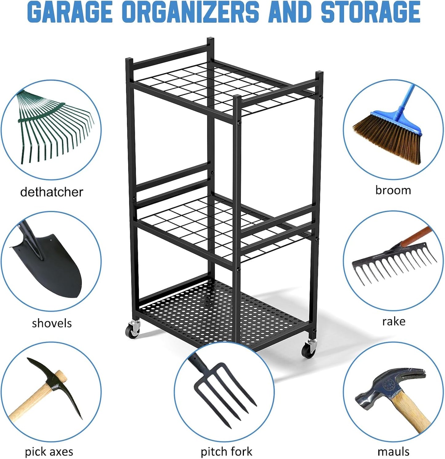 Garden Tool Organizer on Wheels - Sturdy Metal Rack for 35 Long-Handled Tools, 3 Hooks, Outdoor Storage, Black