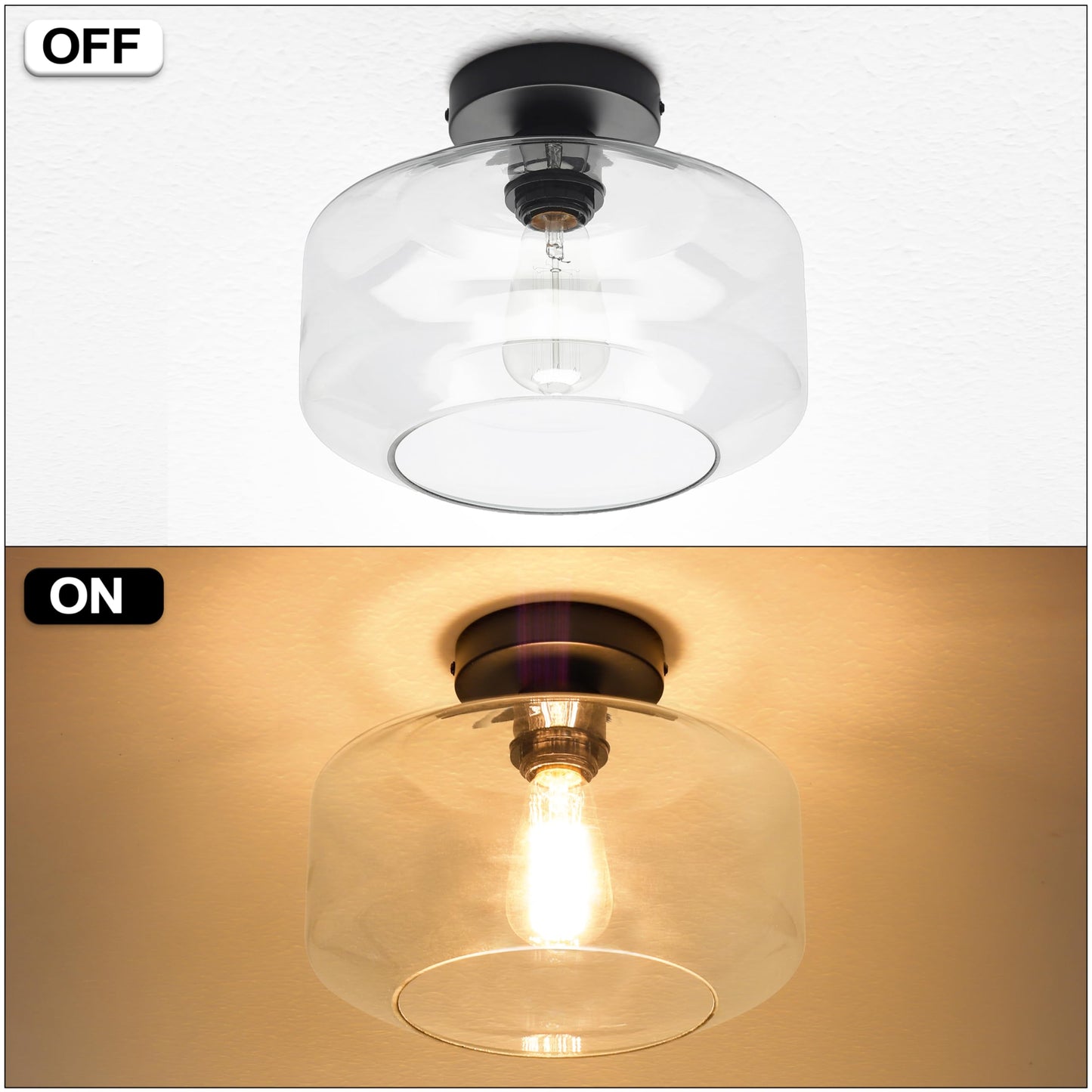 MAXvolador Industrial Semi Flush Mount Ceiling Light Extra Large, Clear Glass Pendant Lamp Shade, Vintage Hanging Light Fixtures, Lighting for Hallway