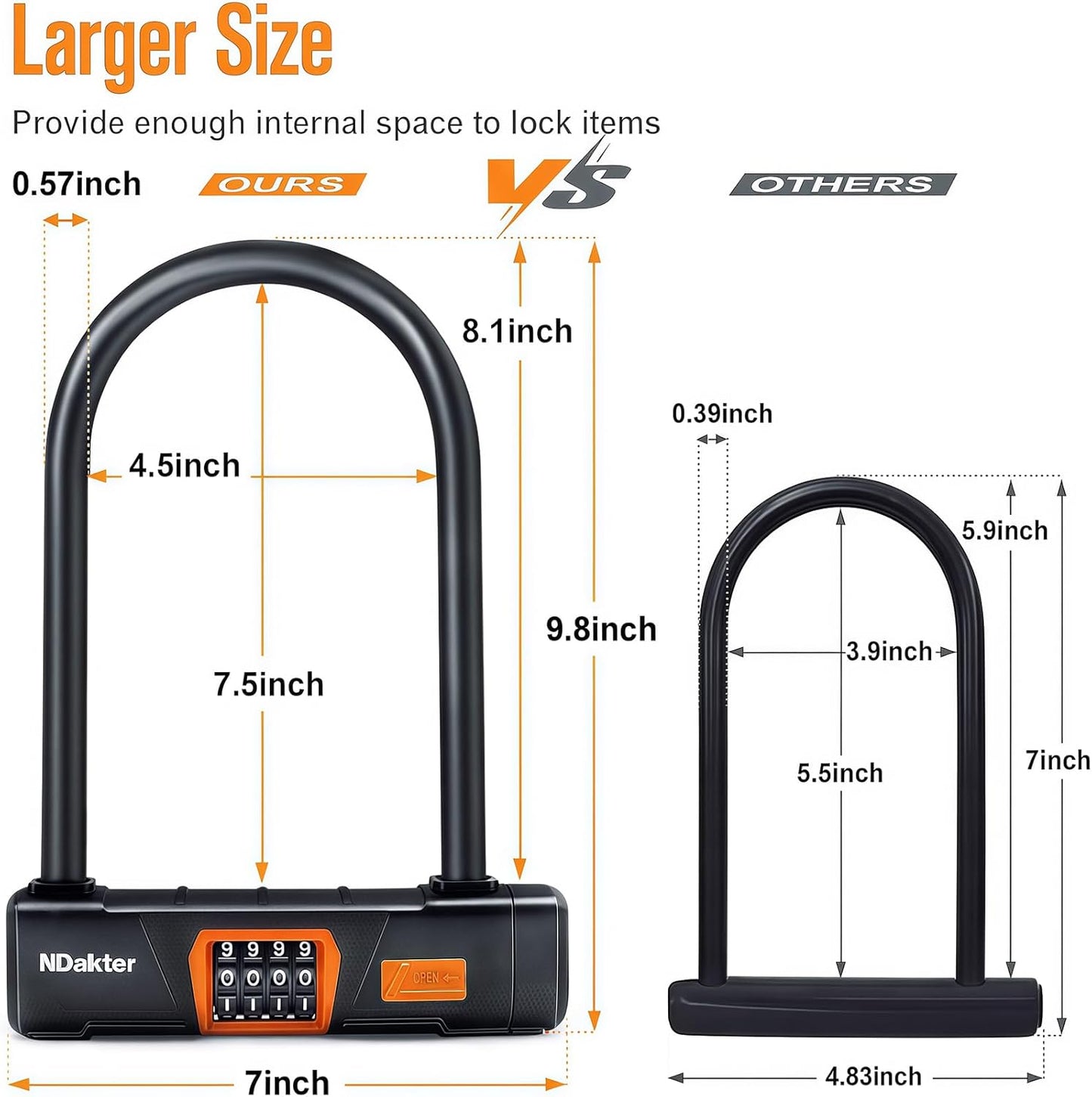 NDakter Heavy-Duty Bike Lock - Anti-Theft U Lock with 4-Digit Combination & 5Ft Steel Cable | Large Size for E-Bikes & Motorcycles