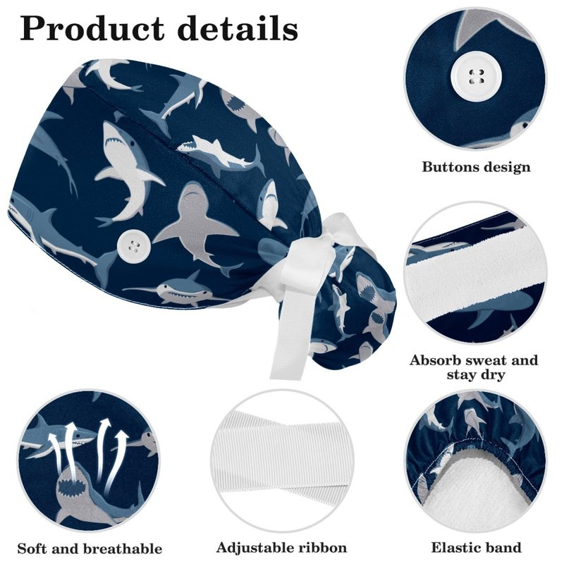 Medical Caps for Women with Bow Scrunchies,Long Hair Working Cap Adjustable Tie Back Hat, Blue Sharks Pattern Bouffant Scrub Hats