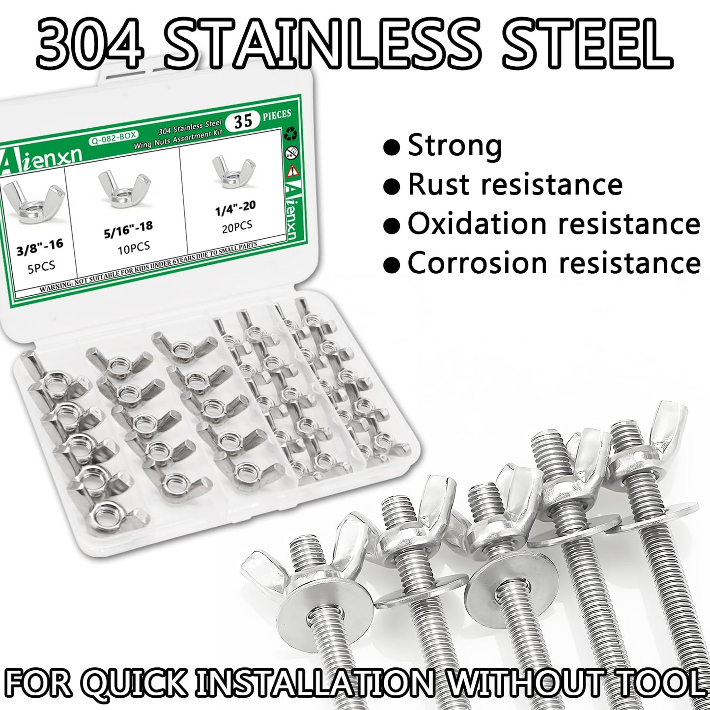 Aienxn 35PCS SAE Sizes Wing Nuts Assortment Kit, 304 Stainless Steel 1/4"-20, 5/16"-18, 3/8"-16, Parts Butterfly Wing Nut, Wingnuts Fasteners
