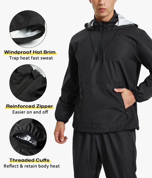 Junlan Sauna Jacket for Men Sweat Jacket Zipper Hoodie Sauna Suit for Workout (Black, Large)