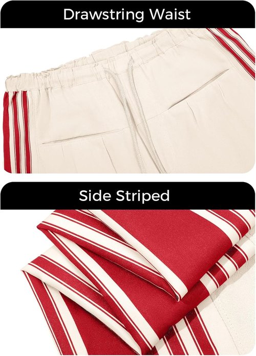 Fisoew Wide Leg Pants - High Waisted Striped Palazzo with Drawstring & Pockets | Comfortable Fit