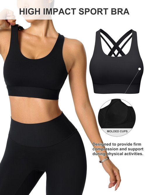 High Support Sports Bra for Women High Impact Womens Sports Bras Adjustbale Back Closure Molded Cup Cross Back Running Workout Bra Black