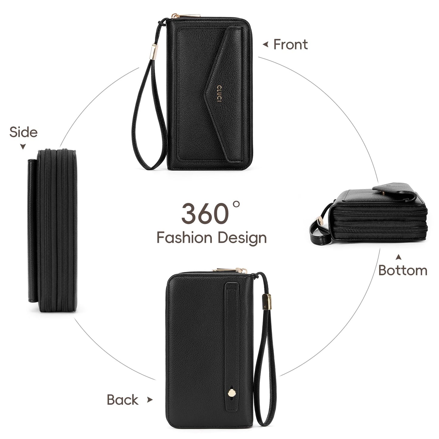 CLUCI Wallet Women Large Capacity Wristlet Purse for Women Long Ladies Wallet RFID Blocking Multi Credit Card Holder Black