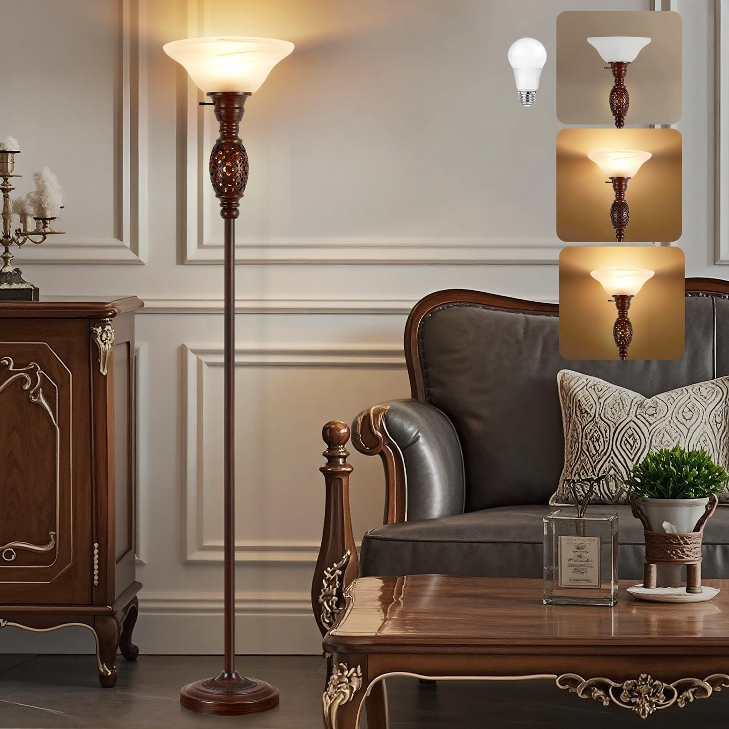 70" Torchiere Floor Lamp with NightLight - Victorian Style Standing Lamp for Living Room, Bedroom, Office - Retro Floor Lamps with Rotary Switch & Etched Glass Shade, Home Decor, Bulb Included