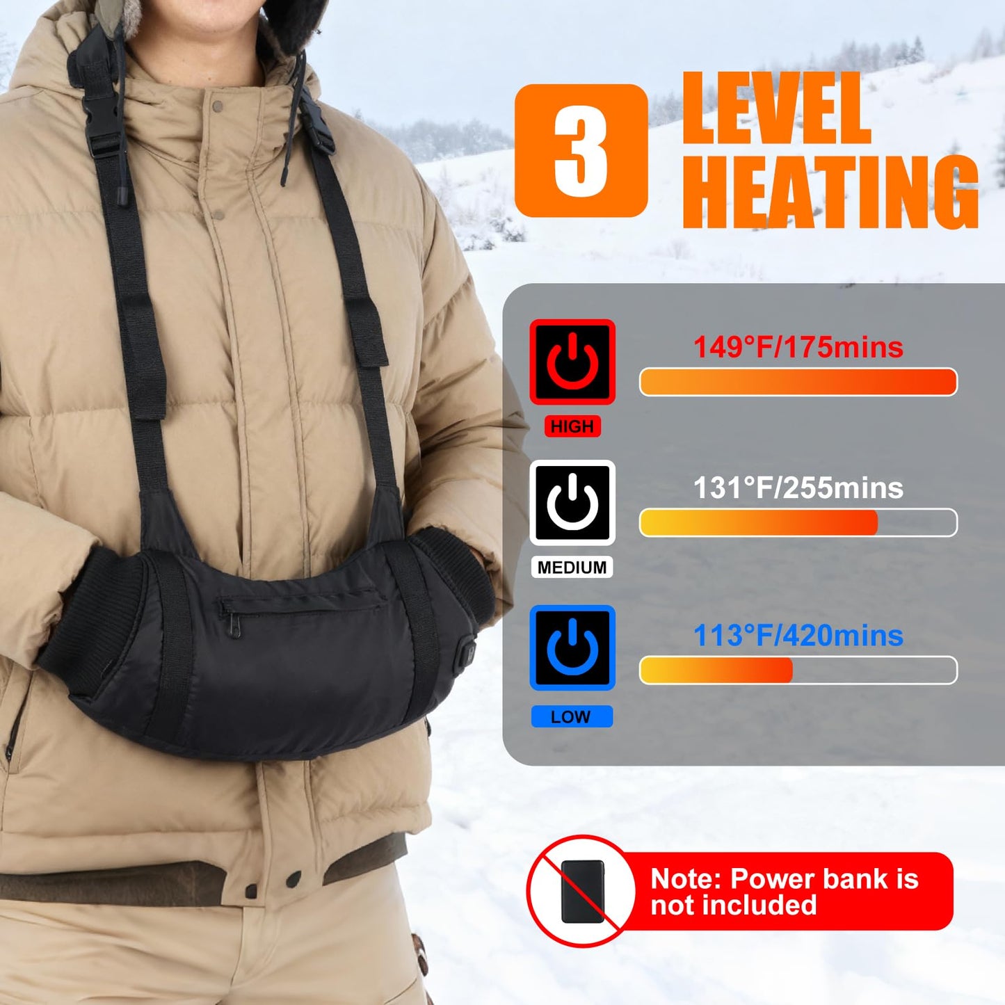 Heated Hand Warmers Pouch Electric Heated Hand Muff with 3-Level Heat Setting, Adjustable Strap, 2 Pocket, and USB Plug Hand Warmer Pouch for Hunting, Football, Golf, Fishing, Camping(No Power Bank)
