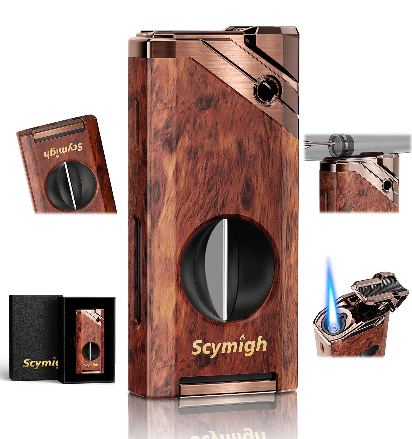 All in One Torch Lighter with V-Notch Tool and Holder, Refillable Butane, Adjustable Flame, Fuel Window, Cool Lighter for Gifts, Candle, Father's Day