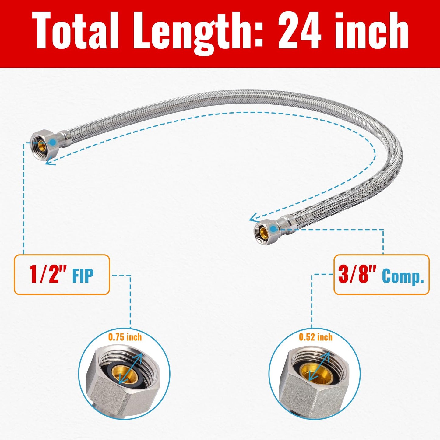 (2 Pack) SUNGATOR 24 Inch Faucet Supply Lines, 3/8" Female Comp Thread x 1/2" FIP Thread Sink Hose, 24" Stainless Steel Braided Faucet Supply Line for Bathroom, with 2 Wrenches and 1 Sealing Tape