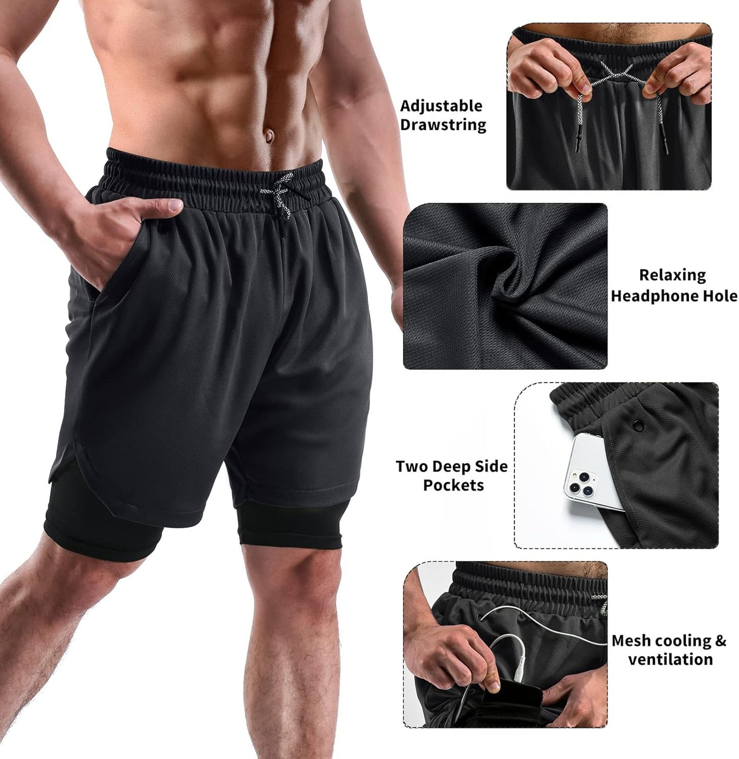 Skiennix Men's 2-in-1 Running Shorts - Casual Gym Shorts with Pockets & Towel Loop | 7 Inch, 2 Pack