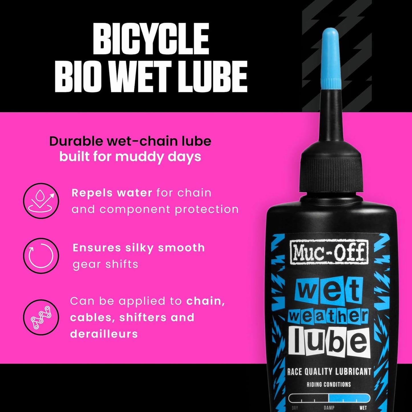 Muc-Off Chain Wet Lube 120ml - Biodegradable Bicycle Lubricant | Reduces Friction & Extends Chain Life | Wax-Based Formula for MTB & Road Bikes